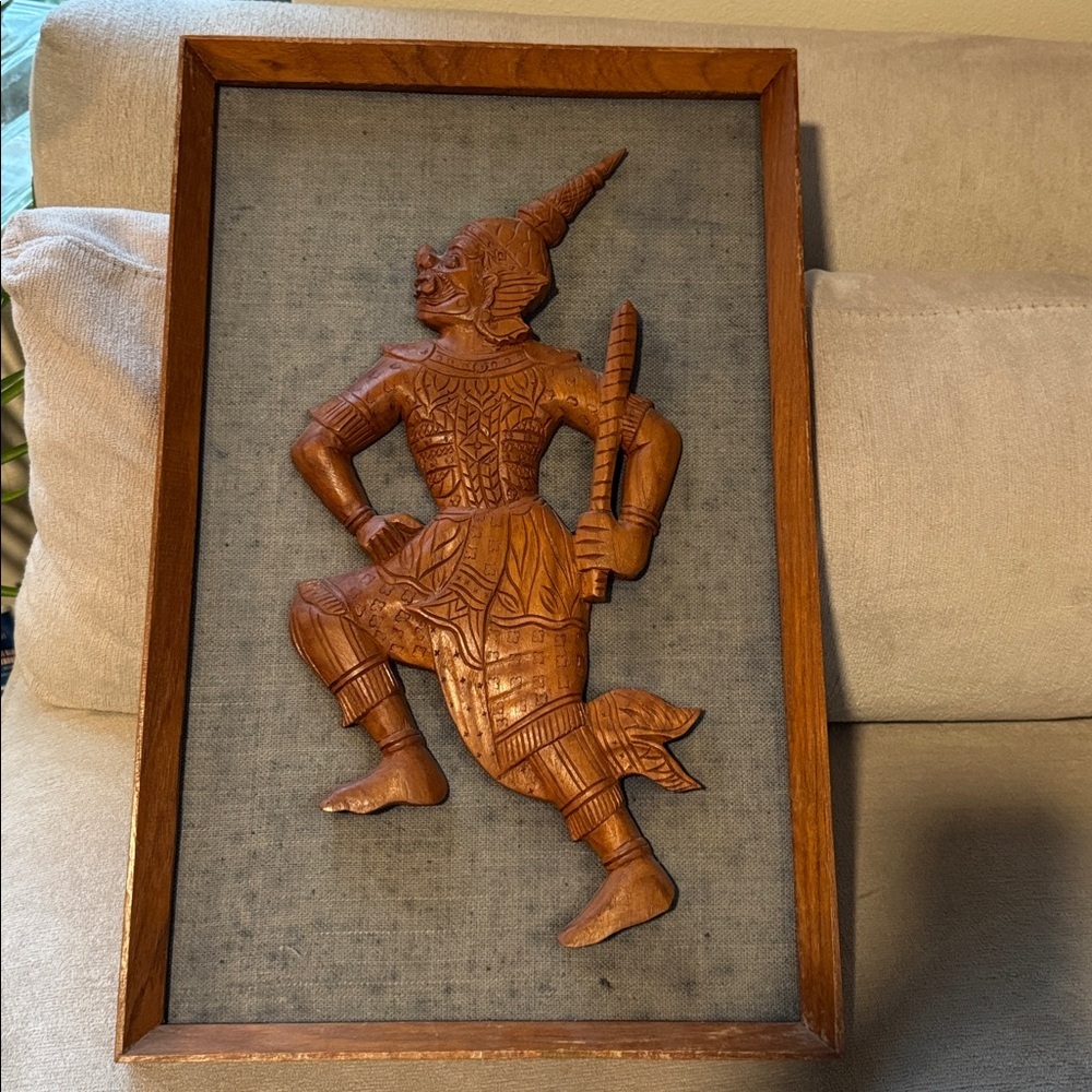 VTG MCM Carved Wood Teak Wall Art Man Silhouette Mounted/Framed